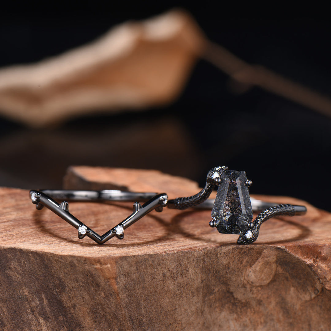 Black Rutilated Quartz Engagement Ring Set - Coffin Gemstone, Black Gold - PENFINE