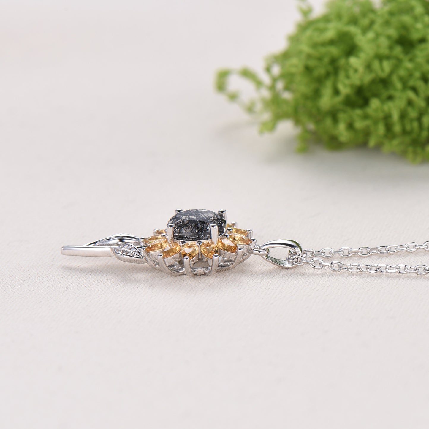 Black Rutilated Quartz Sunflower Necklace, Citrine Halo, 14K Gold Floral Pendant - PENFINE