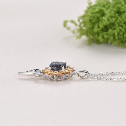 Black Rutilated Quartz Sunflower Necklace, Citrine Halo, 14K Gold Floral Pendant - PENFINE