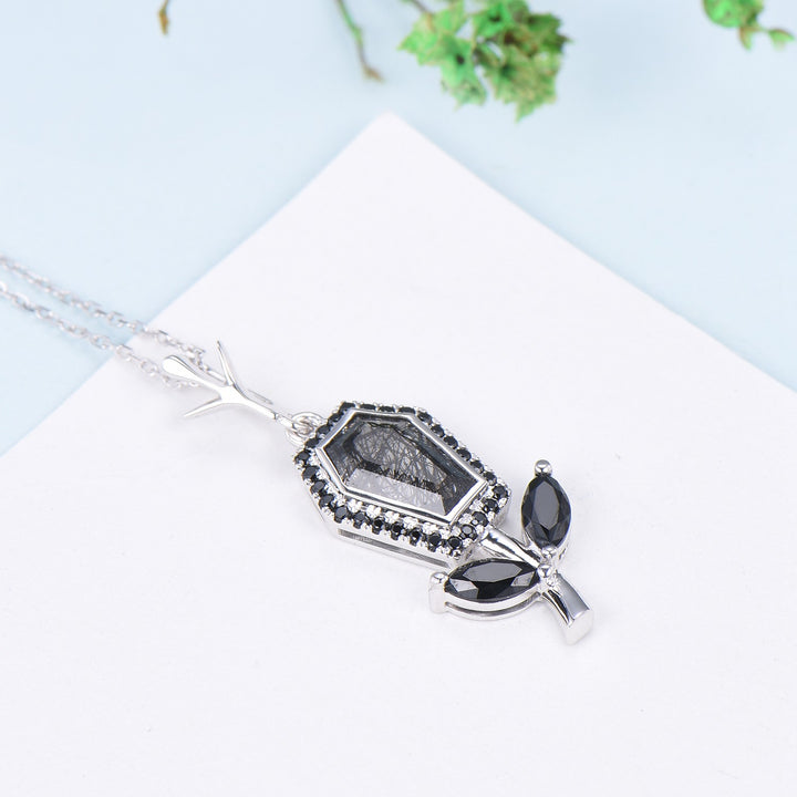 Vintage Coffin black rutilated quartz pendant necklace solid 14k 18k rose gold halo black spinel Personalized anniversary Halloween Jewelry - PENFINE