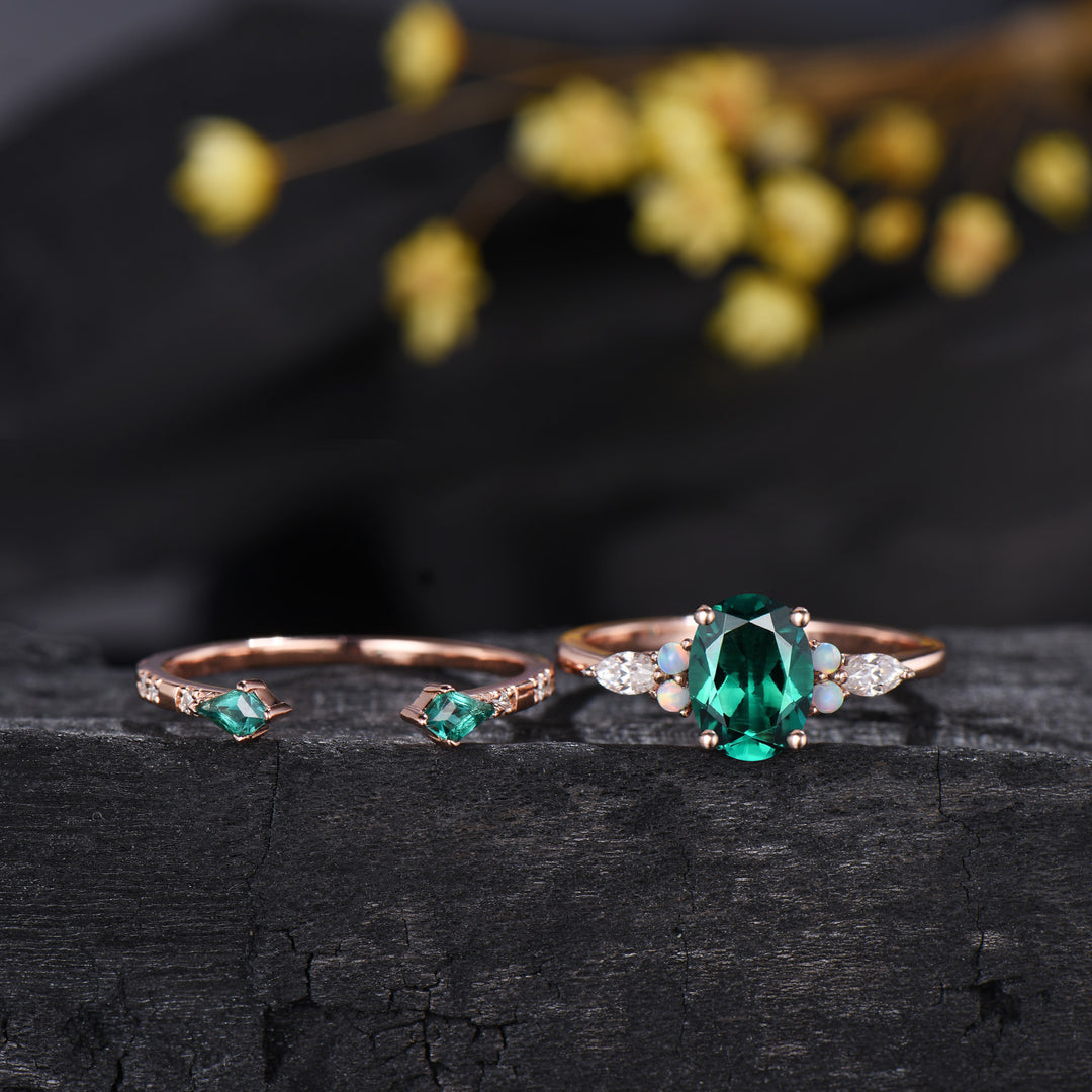 1.5ct Oval Cut Emerald Engagement Ring Set 14K Rose Gold Green Wedding Ring Opal Moissanite Bridal Set Unique Anniversary Gift for Women