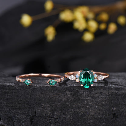 1.5ct Oval Cut Emerald Engagement Ring Set 14K Rose Gold Green Wedding Ring Opal Moissanite Bridal Set Unique Anniversary Gift for Women