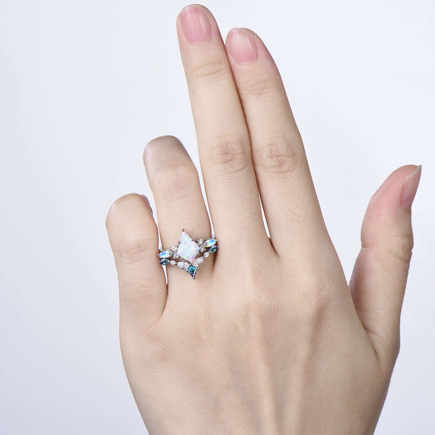 Vintage opal ring set 7x10mm kite white opal engagement ring marquise Moonstone wedding ring set unique alexandrite moissanite bridal set