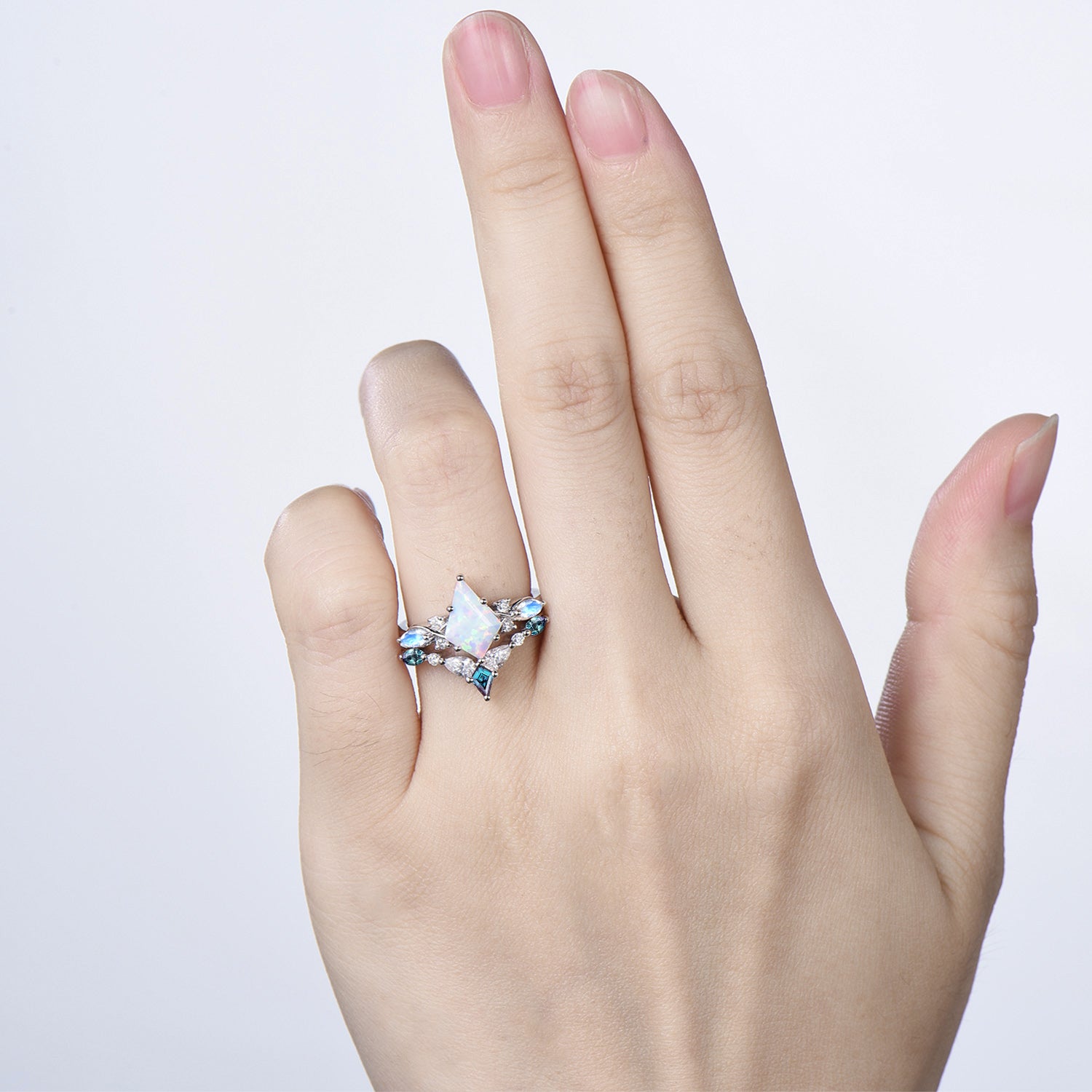 Vintage opal ring set 7x10mm kite white opal engagement ring marquise Moonstone wedding ring set unique alexandrite moissanite bridal set