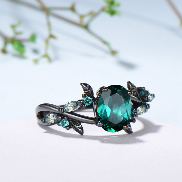 Black Gold Emerald Engagement Ring, Gothic Leaf Ring - PENFINE