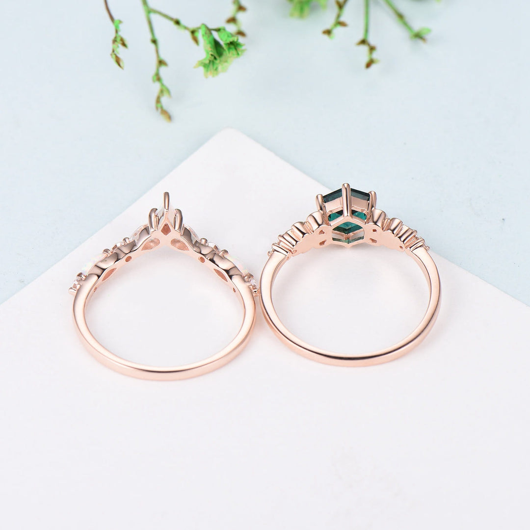 Retro Emerald Engagement Ring Set Vintage Green Crystal Leaf Floral Fire Opal Wedding Ring Art Deco Leaves Flower Bridal Set For Women - PENFINE