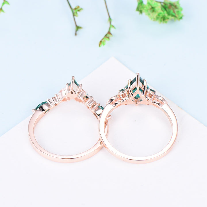 Vintage Kite Cut Emerald Ring For Women Silver Rose Gold Unique Lab Emerald Engagement Ring Art Deco Marquise Milgrain Wedding Ring Set - PENFINE