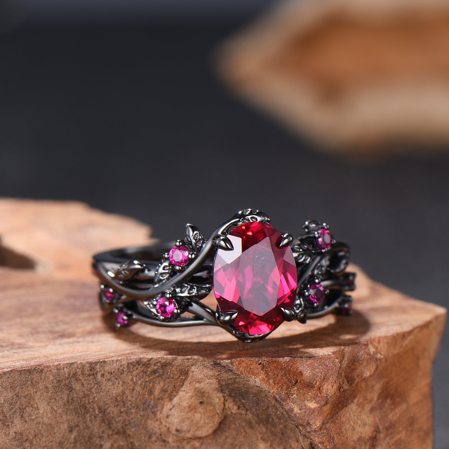 Nature Inspired Leaf ruby ring set black gold branch twig lab ruby engagement ring women unique July birthstone wedding ring set for women
