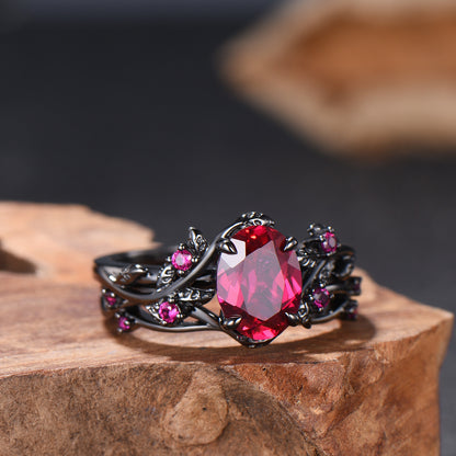 Nature Inspired Leaf ruby ring set black gold branch twig lab ruby engagement ring women unique July birthstone wedding ring set for women