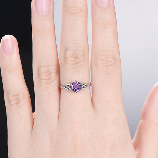 Celtic Love Knot Amethyst Engagement Ring Art Deco Unique Twisted Wedding Ring For Women Delicate Purple Stone White Gold Promise Ring Gift - PENFINE
