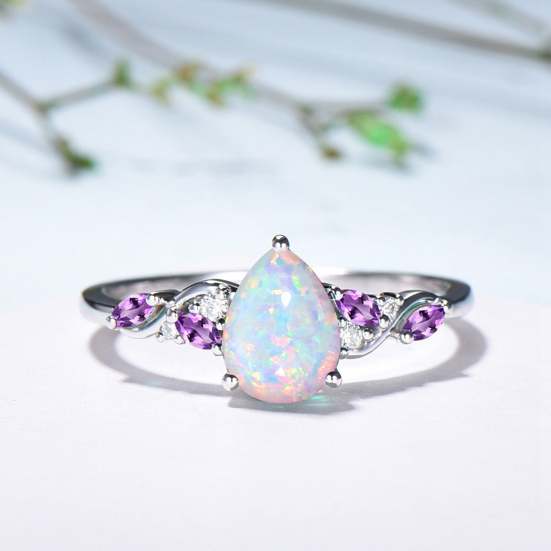 Pear Shaped White Opal Engagement Ring Set: Enchanted Moonlit Opal & Amethyst Set - PENFINE