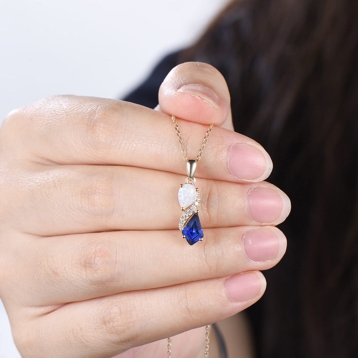 Unique Opal Sapphire Necklace Pendant Women Alternative Moissanite Pear Shaped Opal & Kite Blue Sapphire