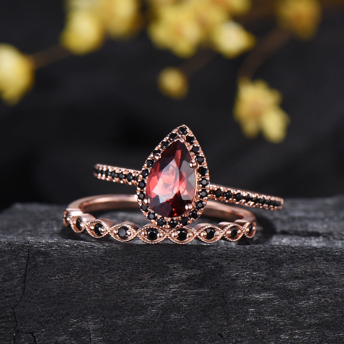 Vintage Garnet Engagement Ring Set Rose Gold 5x8 mm Pear Shaped January Birthstone Wedding Ring Art Deco Black Spinel Band Bridal Set