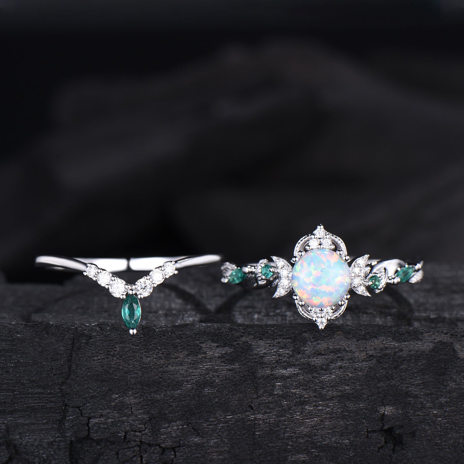 Vintage White Opal Engagement Ring Set Unique Leaves Nature Inspired Emerald Wedding Ring Set Art Deco Green Crystal Moissanite Bridal Set - PENFINE