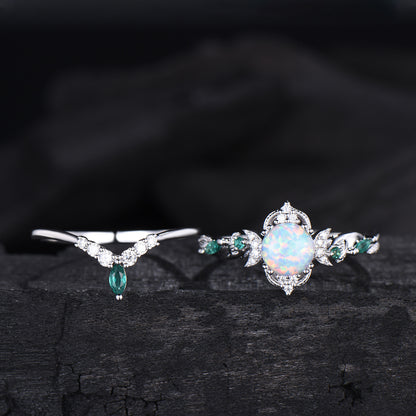 Vintage White Opal Engagement Ring Set Unique Leaves Nature Inspired Emerald Wedding Ring Set Art Deco Green Crystal Moissanite Bridal Set - PENFINE