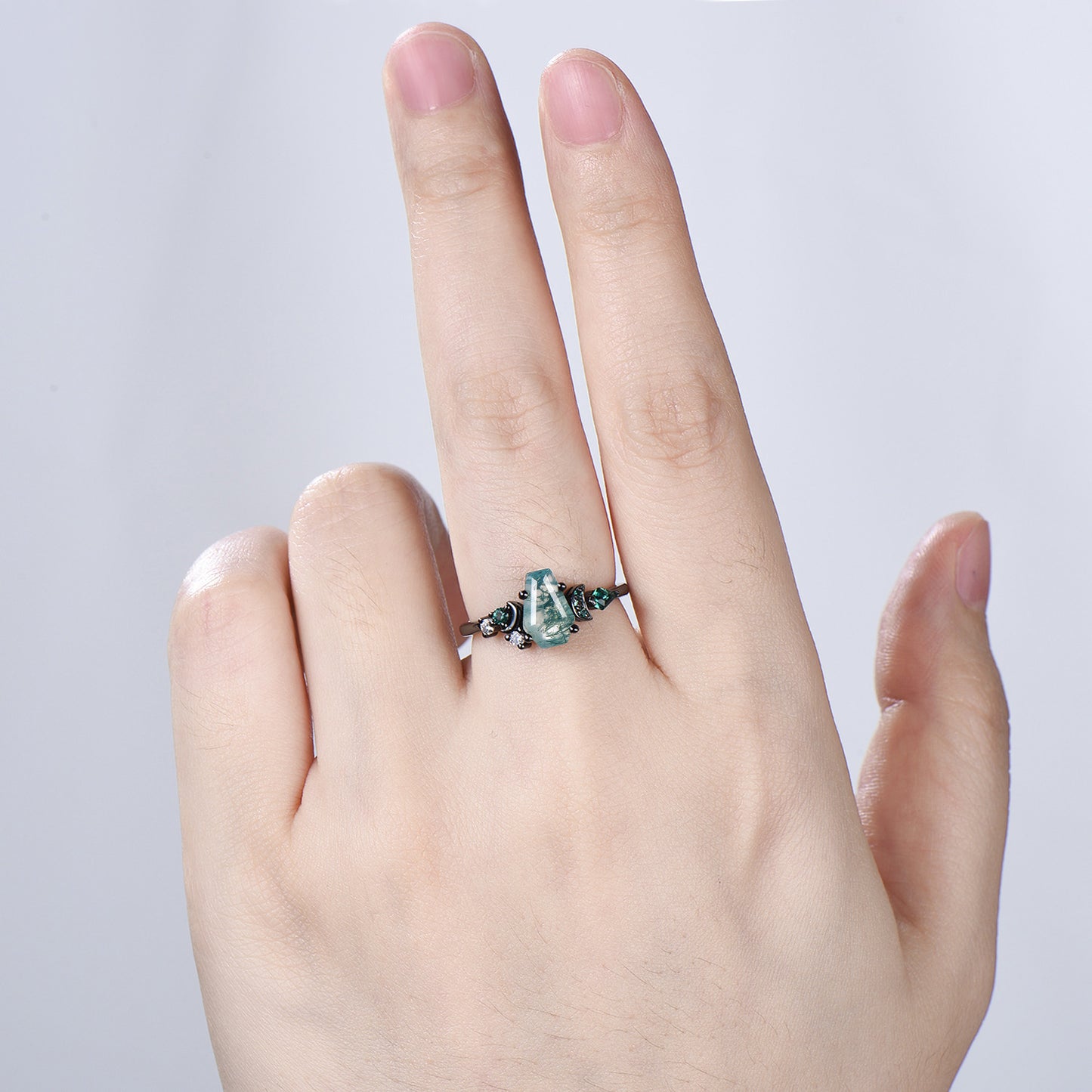 Coffin cut moss agate ring Black gold gothic engagement ring moon design cluster emerald wedding ring unique anniversary promise ring women