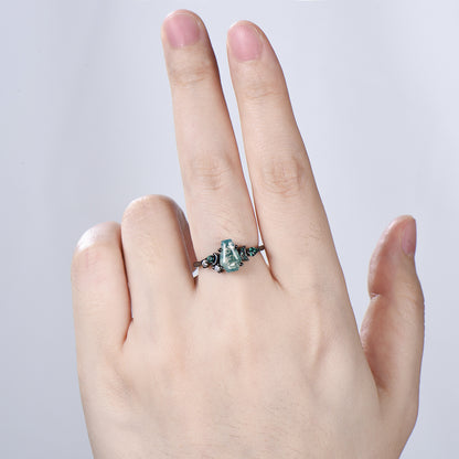 Coffin cut moss agate ring Black gold gothic engagement ring moon design cluster emerald wedding ring unique anniversary promise ring women