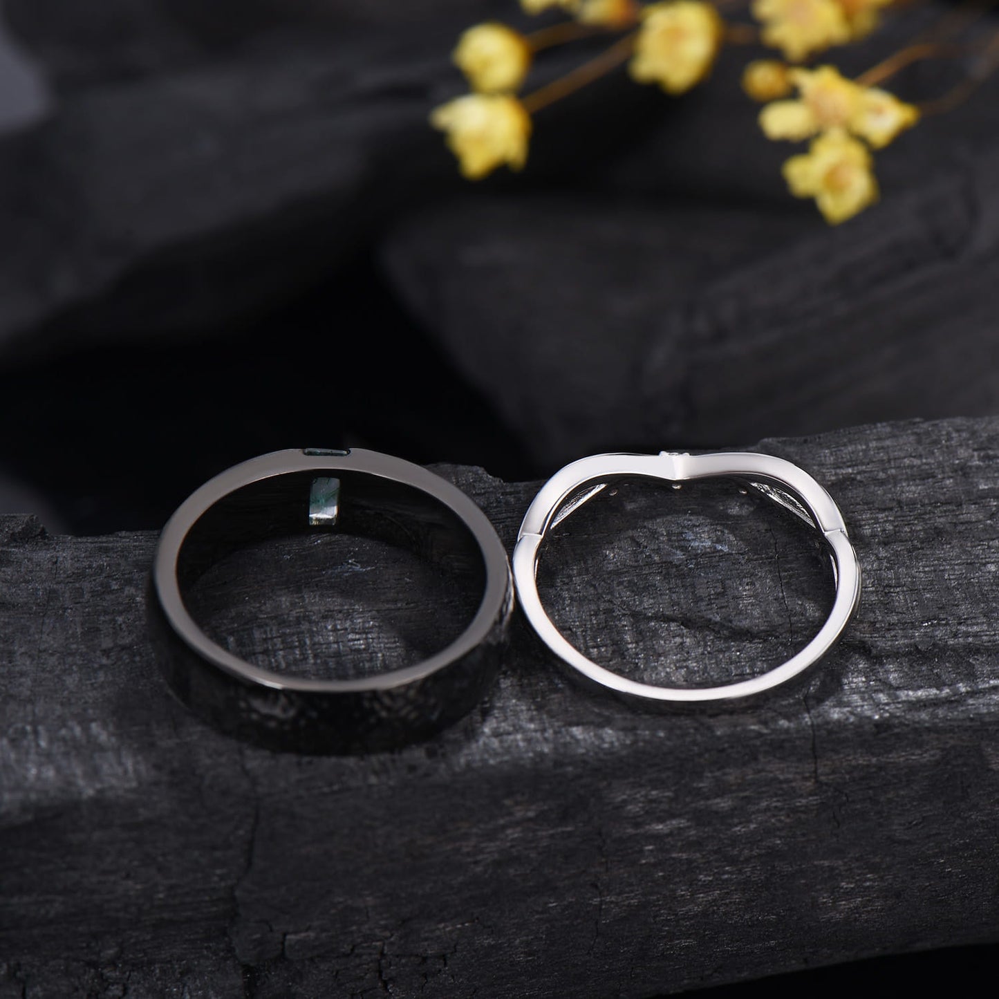 Couples Ring Set 5mm Moss Agate Hammer Men's Wedding Ring Moissanite Curved Band