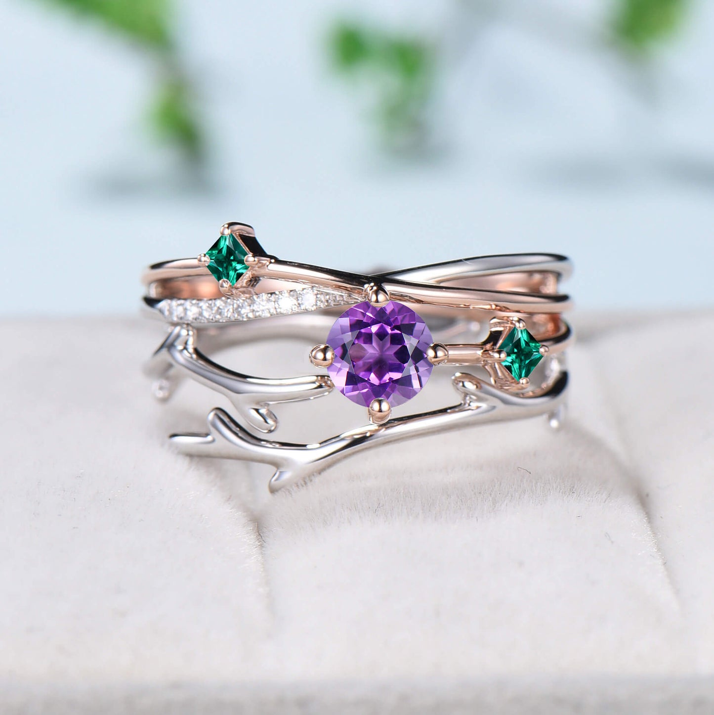 Two-tone gold Twig amethyst engagement ring set dainty Leaf green emerald branch wedding set women Unique natural inspired anniversary gift - PENFINE