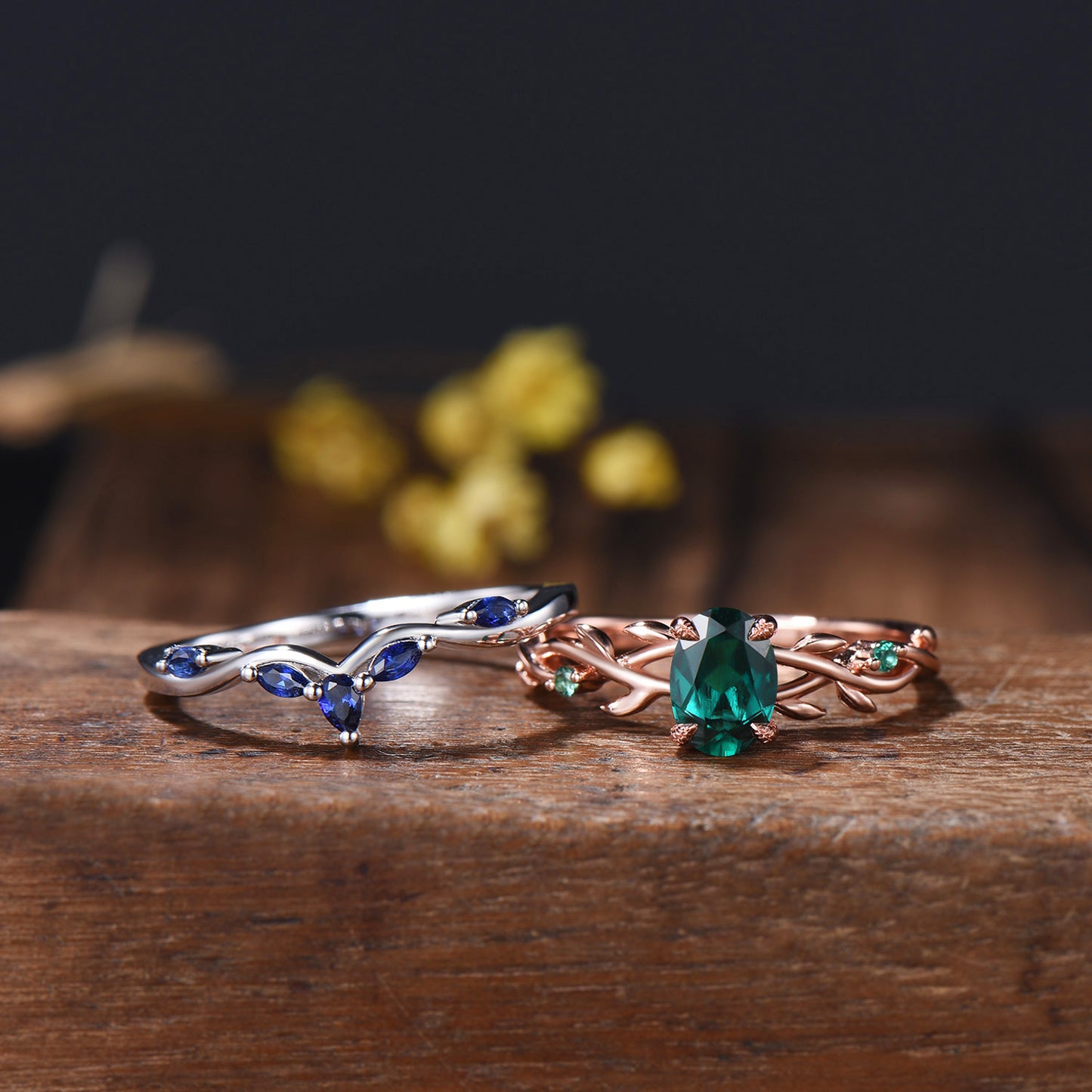 Emerald Engagement Ring Set with Blue Sapphire Wedding Band ¨C Leaf Vine Design