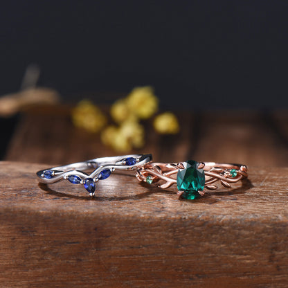 Emerald Engagement Ring Set with Blue Sapphire Wedding Band ¨C Leaf Vine Design