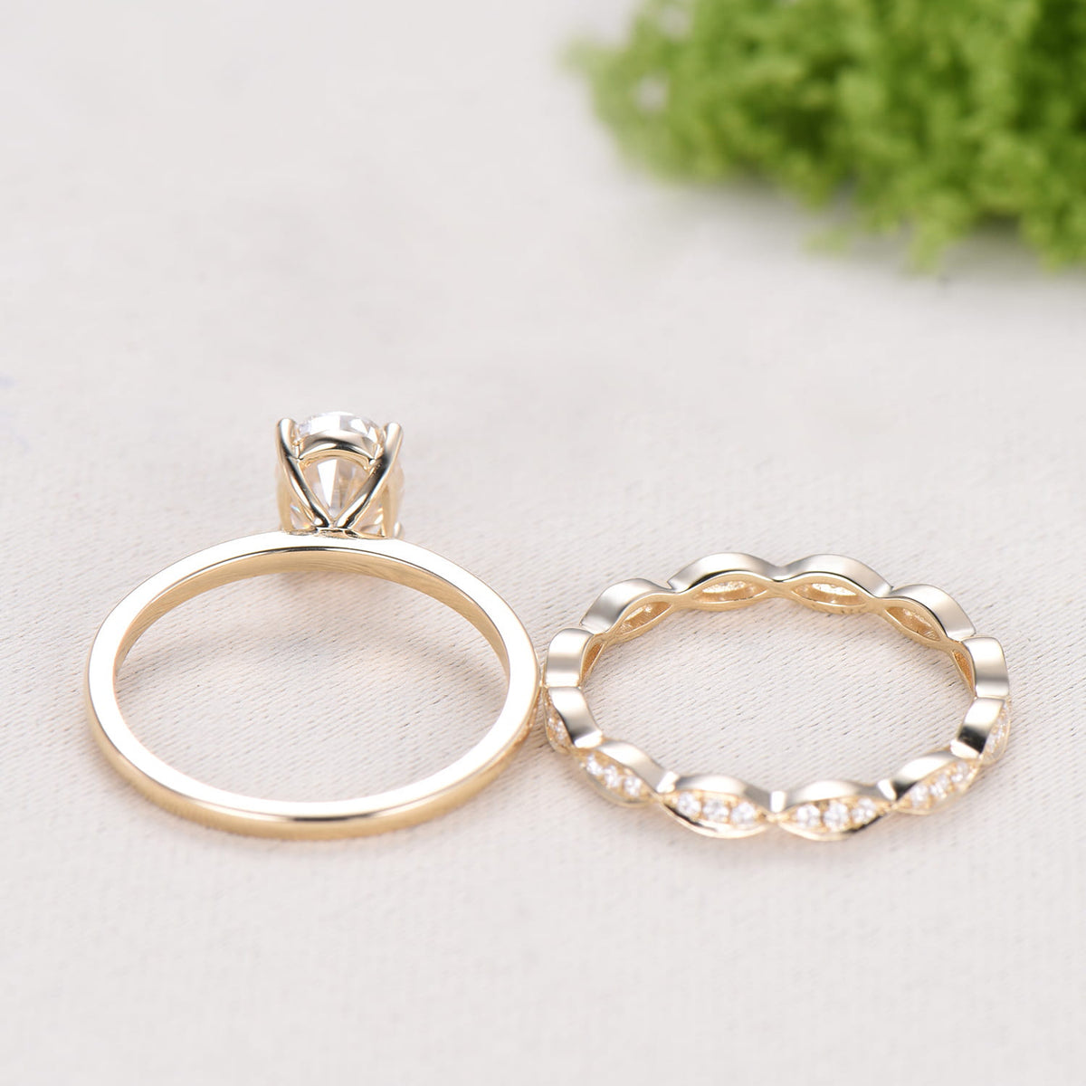 1.5CT Oval Moissanite Solitaire Engagement Ring Set Vintage 14K Gold Wedding Set Full Eternity Milgrain Band