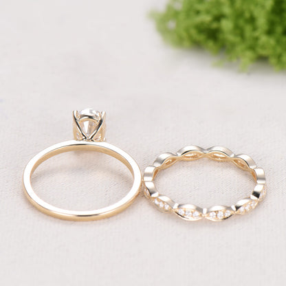 1.5CT Oval Moissanite Solitaire Engagement Ring Set Vintage 14K Gold Wedding Set Full Eternity Milgrain Band