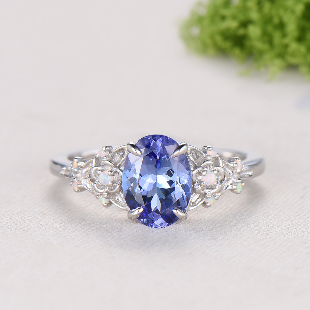 Floral Oval Tanzanite Engagement Ring Set, White Gold Twig Vine Opal Band, Nature Inspired Wedding Bridal Set
