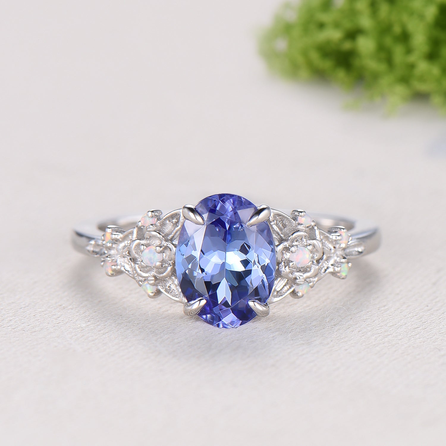 Floral Oval Tanzanite Engagement Ring Set, White Gold Twig Vine Opal Band, Nature Inspired Wedding Bridal Set