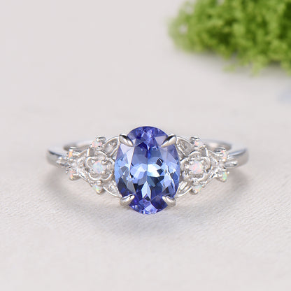 Floral Oval Tanzanite Engagement Ring Set, White Gold Twig Vine Opal Band, Nature Inspired Wedding Bridal Set