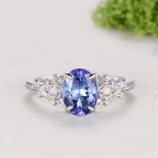 Floral Oval Tanzanite Engagement Ring Set, White Gold Twig Vine Opal Band, Nature Inspired Wedding Bridal Set