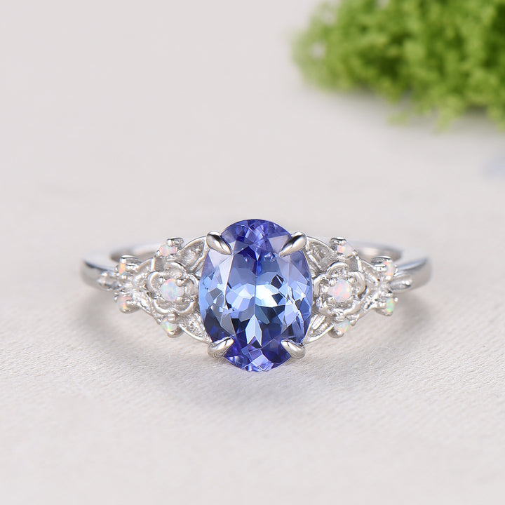 Floral Oval Tanzanite Engagement Ring Set, White Gold Twig Vine Opal Band, Nature Inspired Wedding Bridal Set