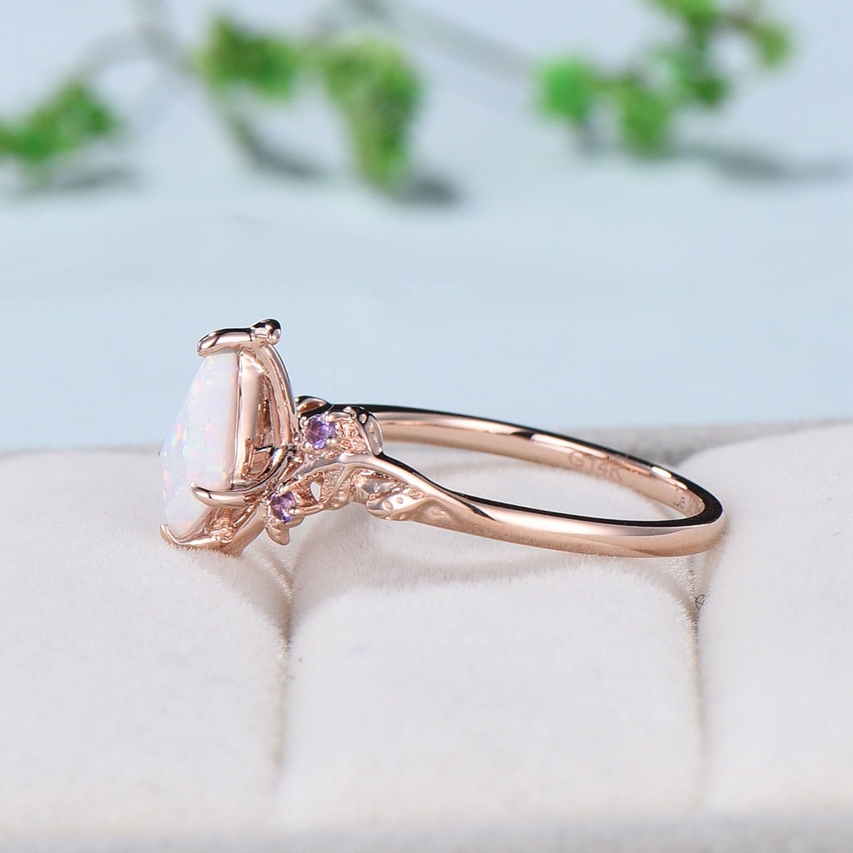 Vintage kite cut opal amethyst engagement ring natural inspired fire opal engagement ring rose gold art deco leaves branch wedding ring - PENFINE