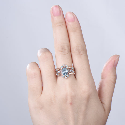 1.5CT Oval Natural Aquamarine Engagement Ring Set Cluster Marquise Gem Wedding Set March Birthstone Enhancer Band