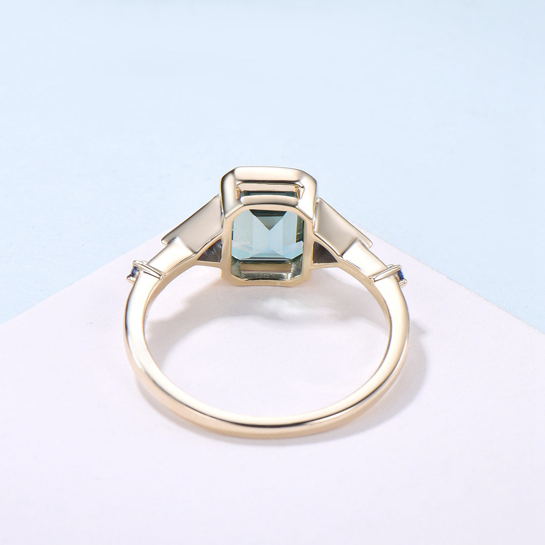 Unique Emerald Cut Green Sapphire Engagement Ring Bezel Set Trillion Blue Sapphire Five Stone Wedding Ring Anniversary Ring Gift for Women - PENFINE