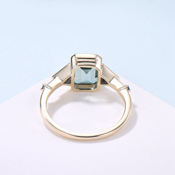 Unique Emerald Cut Green Sapphire Engagement Ring Bezel Set Trillion Blue Sapphire Five Stone Wedding Ring Anniversary Ring Gift for Women - PENFINE
