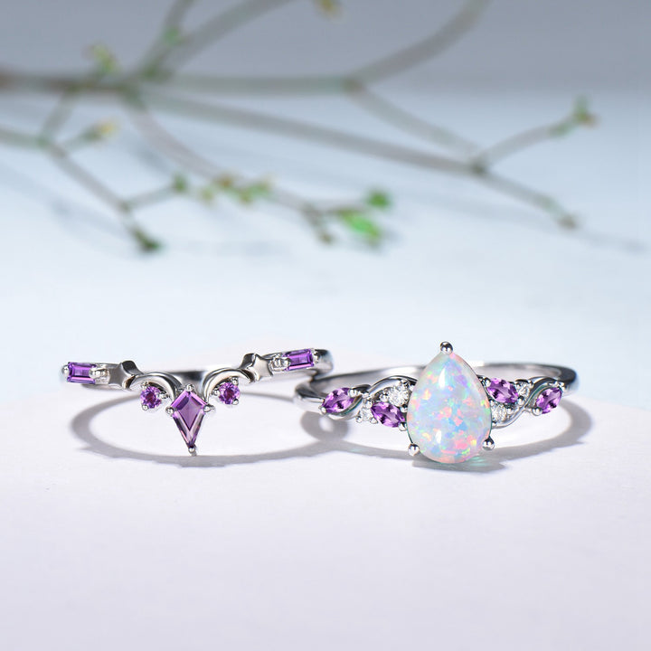 Pear Shaped White Opal Engagement Ring Set: Enchanted Moonlit Opal & Amethyst Set - PENFINE