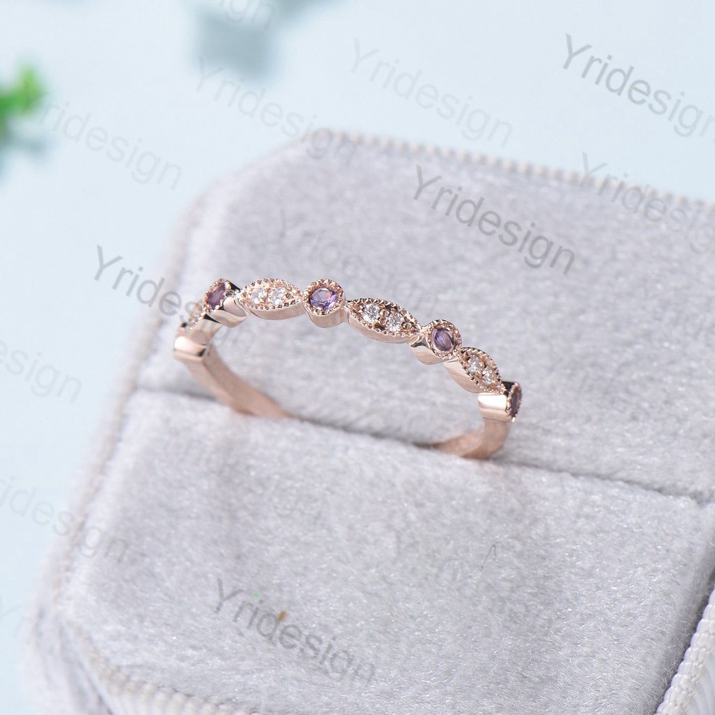 Luxe Tiara Half Eternity Amethyst And Diamond Wedding Band- Art Deco - PENFINE