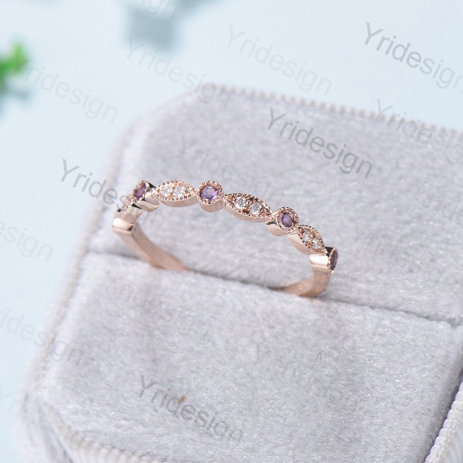 Luxe Tiara Half Eternity Amethyst And Diamond Wedding Band- Art Deco - PENFINE