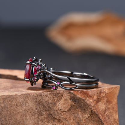 Nature Inspired Leaf ruby ring set black gold branch twig lab ruby engagement ring women unique July birthstone wedding ring set for women