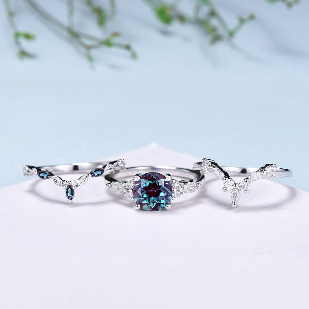 Vintage Alexandrite Engagement Ring Set, Art Deco Leaf Band - PENFINE