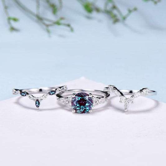 Vintage Alexandrite Engagement Ring Set, Art Deco Leaf Band - PENFINE