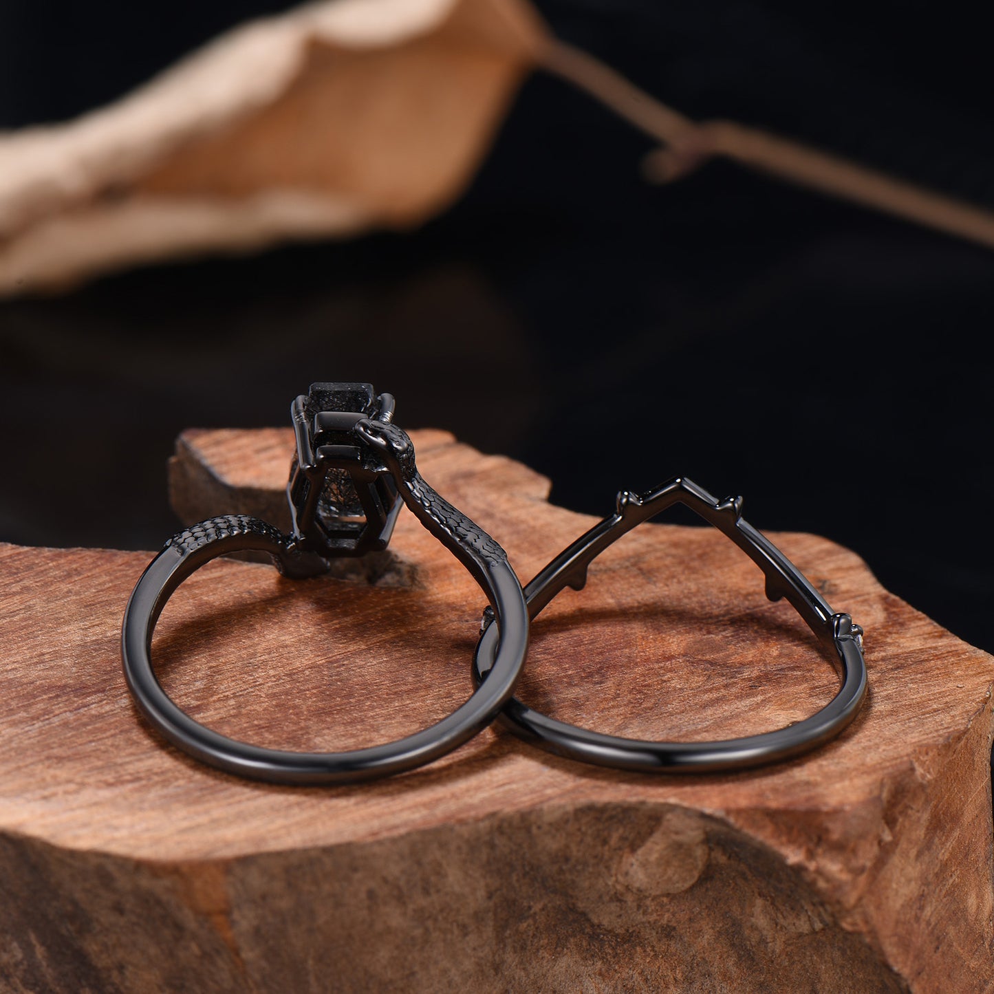 Black Rutilated Quartz Engagement Ring Set - Coffin Gemstone, Black Gold - PENFINE