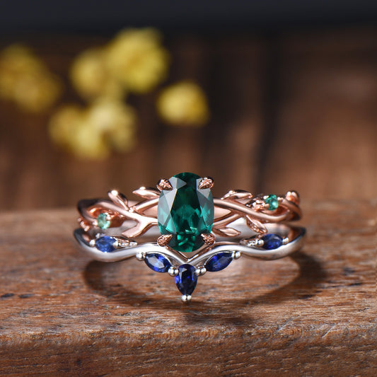 Emerald Engagement Ring Set with Blue Sapphire Wedding Band ¨C Leaf Vine Design