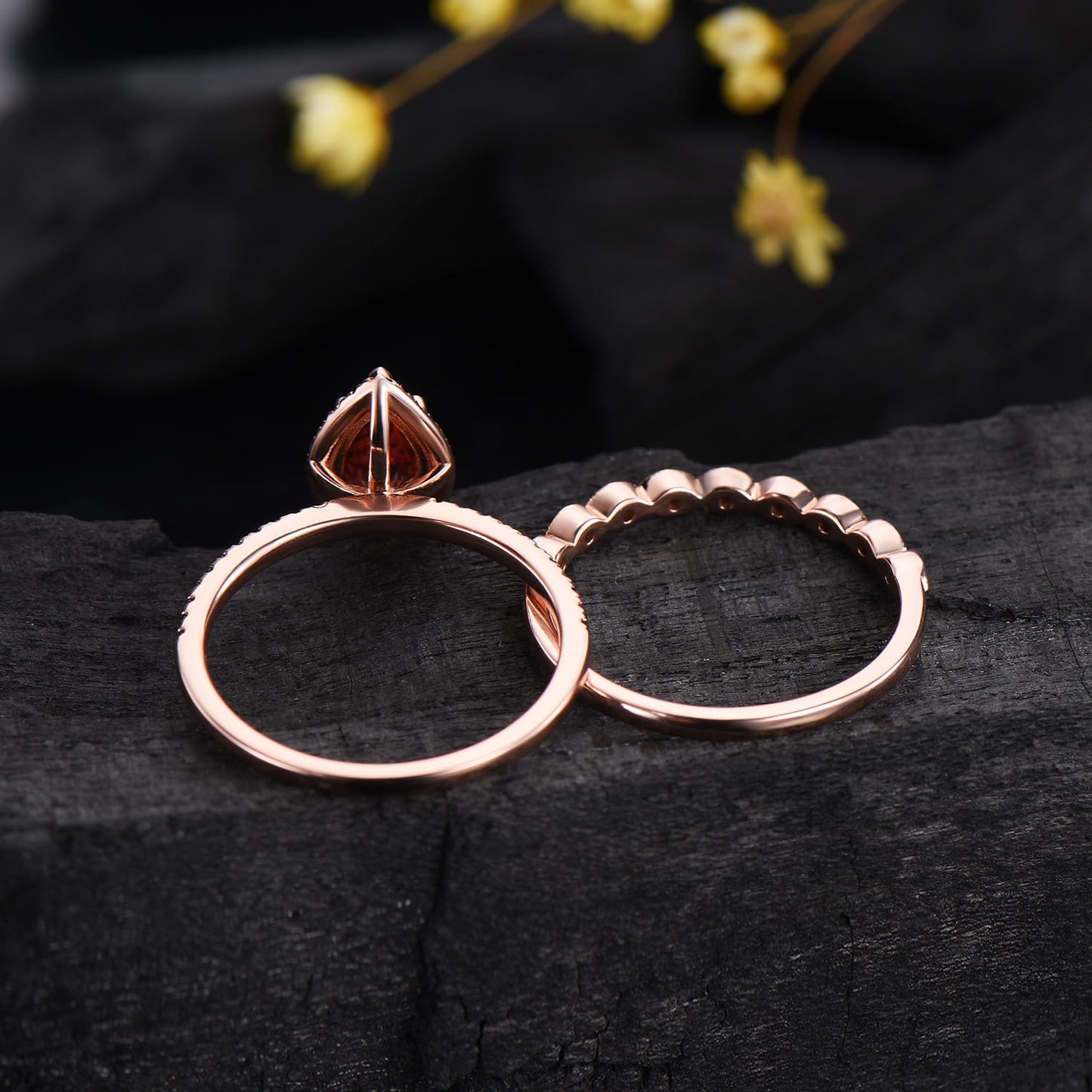 Vintage Garnet Engagement Ring Set Rose Gold 5x8 mm Pear Shaped January Birthstone Wedding Ring Art Deco Black Spinel Band Bridal Set