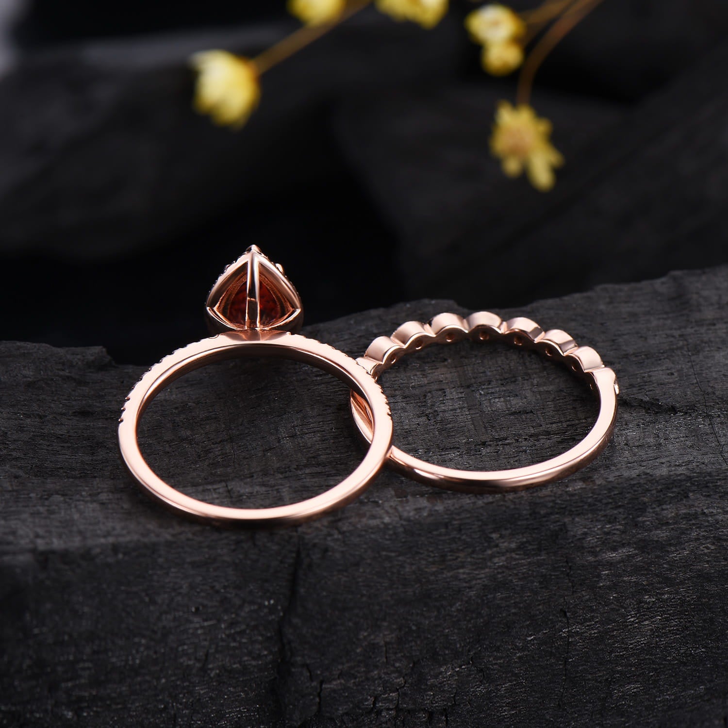 Vintage Garnet Engagement Ring Set Rose Gold 5x8 mm Pear Shaped January Birthstone Wedding Ring Art Deco Black Spinel Band Bridal Set