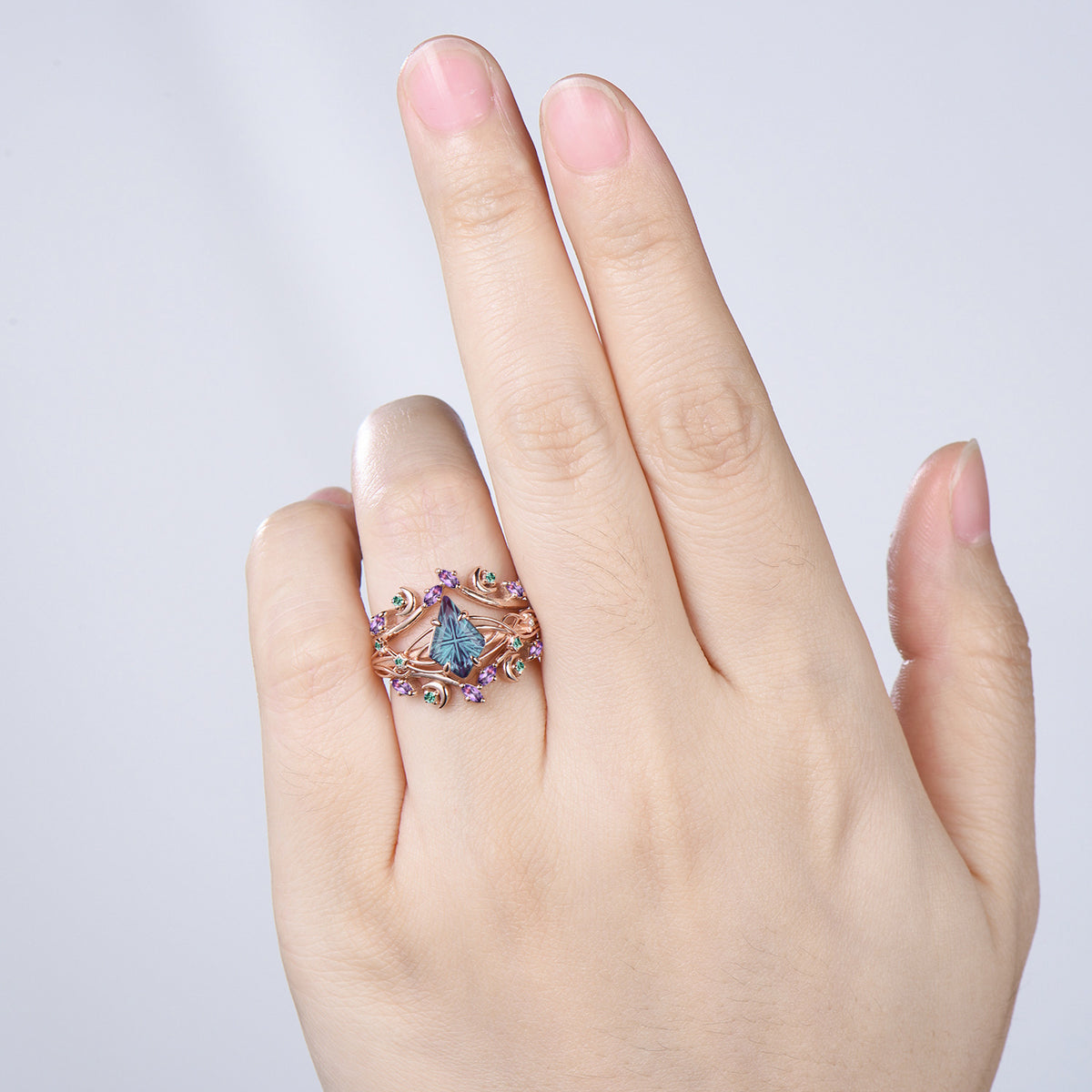 Kite Shaped Fantasy Cut Color-change Alexandrite Twisted Ring Set Amethyst Enhancer Stacking Band