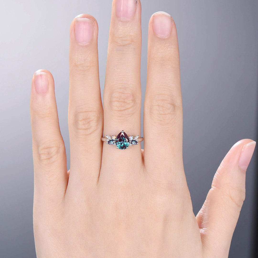 Vintage Alexandrite Opal Engagement Ring Pear Shaped Wedding Ring Women Art Deco Cluster Moissanite Anniversary Gift Bridal Promise Ring - PENFINE