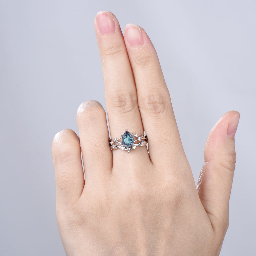 Pear Cut Starburst Alexandrite Engagement Ring Set | Twig Vine Color Change Stone Wedding Set