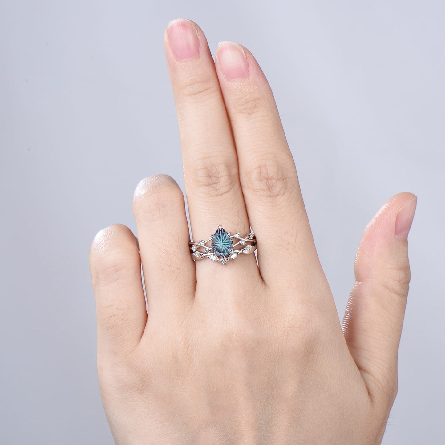 Pear Cut Starburst Alexandrite Engagement Ring Set | Twig Vine Color Change Stone Wedding Set